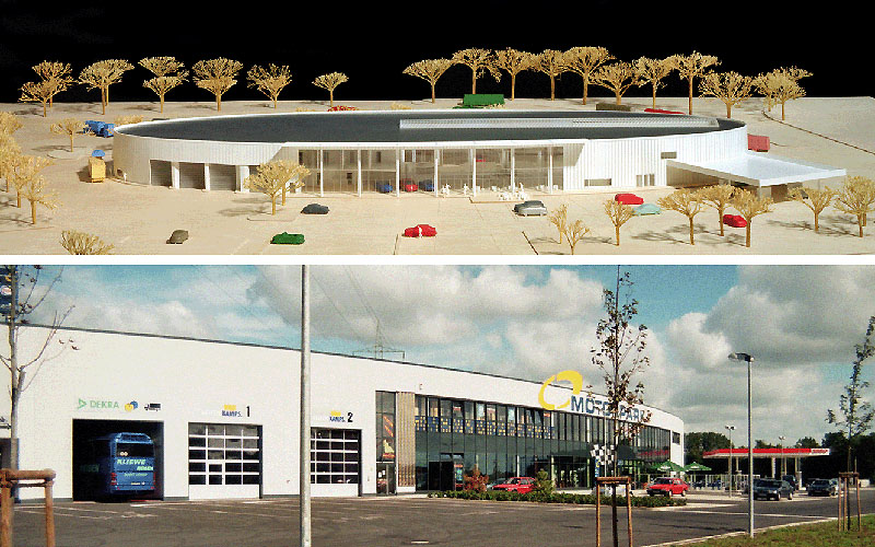 Architekturmodell des Motorparks Lohne und das fertige Objekt